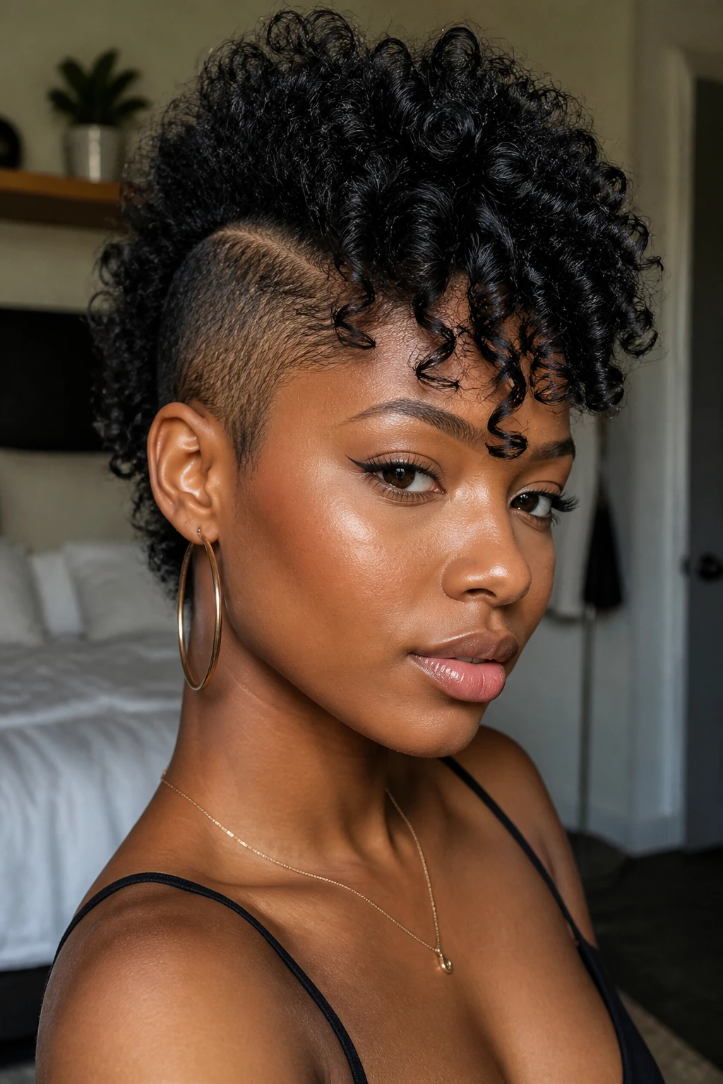 Close-up of Curly Bang Mohawk on a real woman with lifted curls and soft bangs framing the forehead