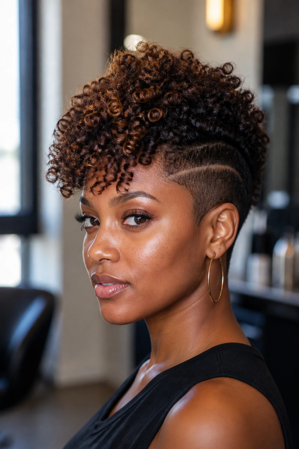Close-up of a real person with Curly Bang Mohawk featuring a defined curl fringe