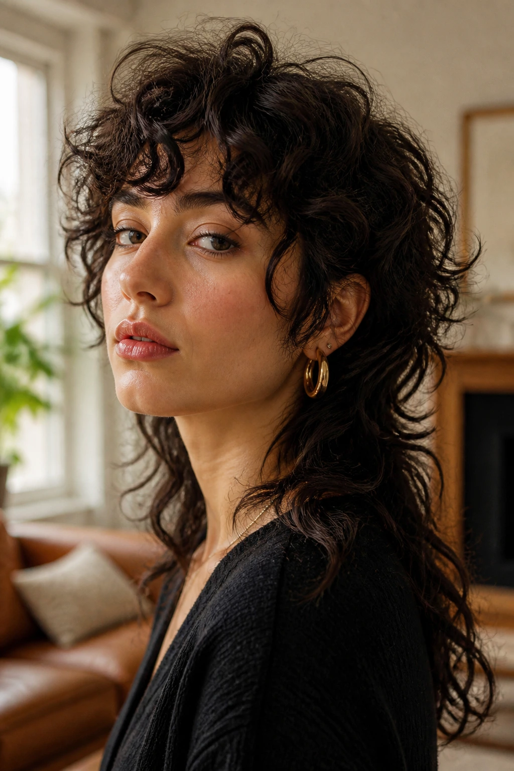 Real person with curly-bang mullet, bangs framing forehead, mullet back visible