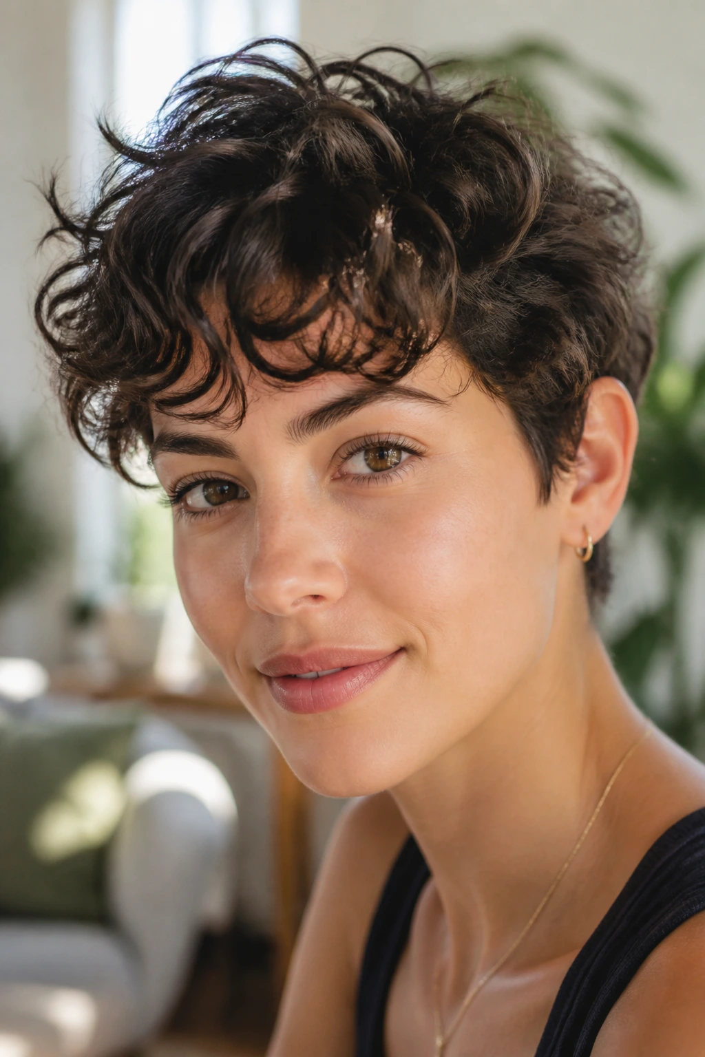 Portrait of a woman with curly bangs pixie cut in a bright living room.