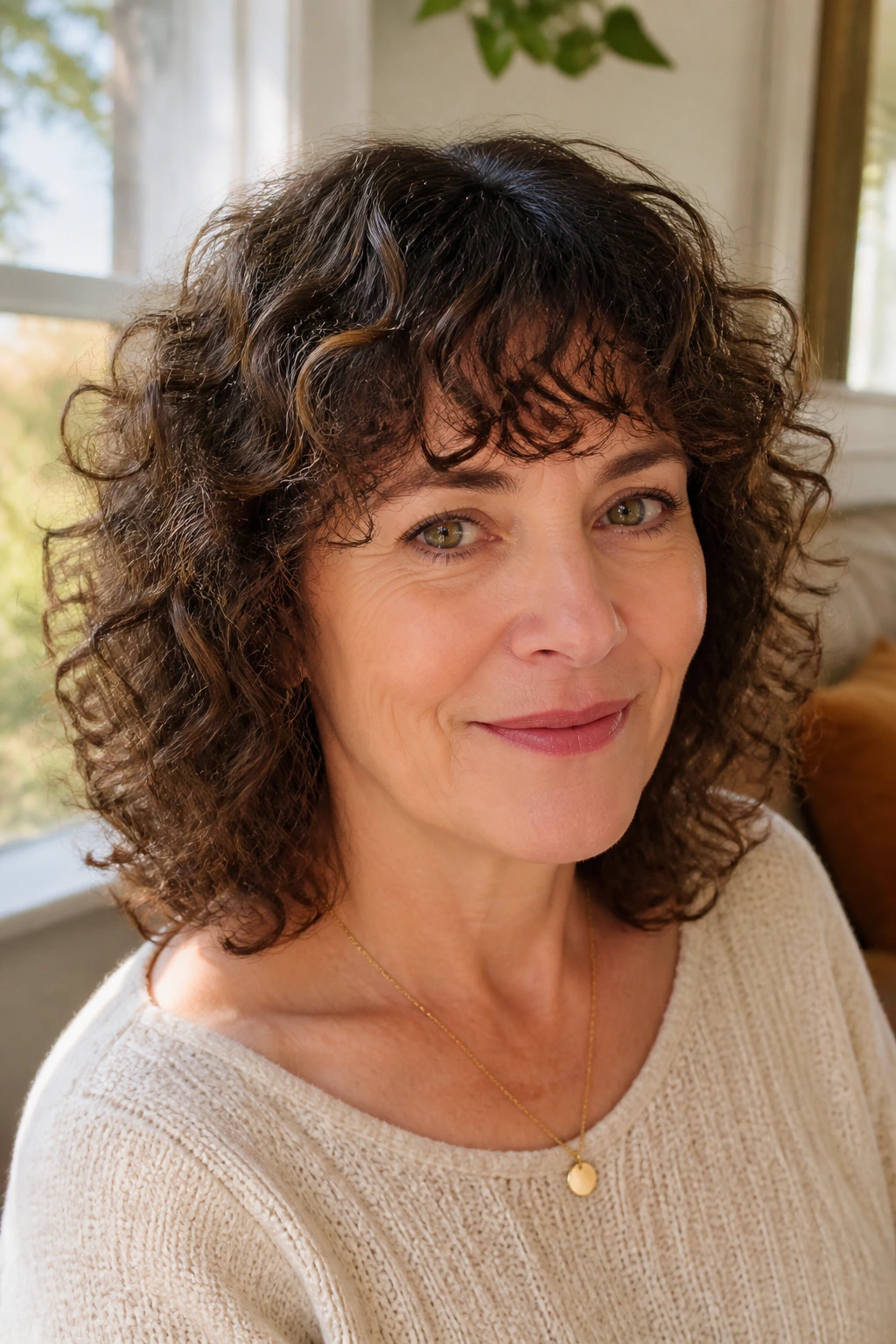 Close-up of a real woman with curly bangs above the brows in natural light