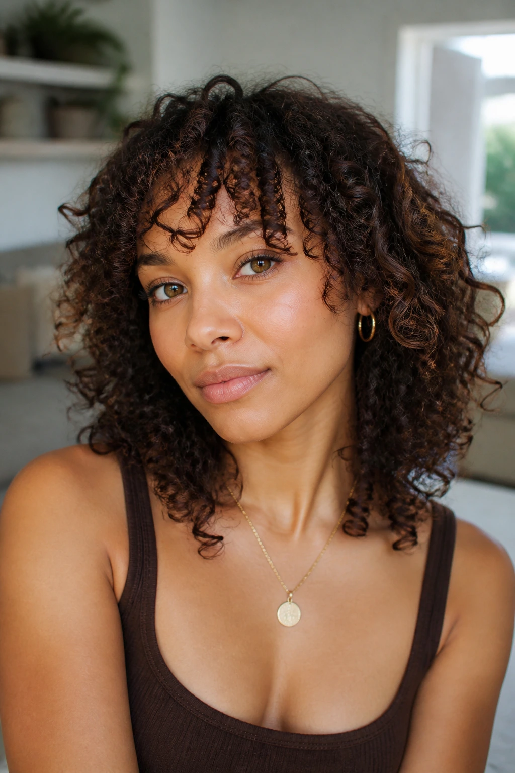 Close-up of a real woman with curly bottleneck bangs and natural curls