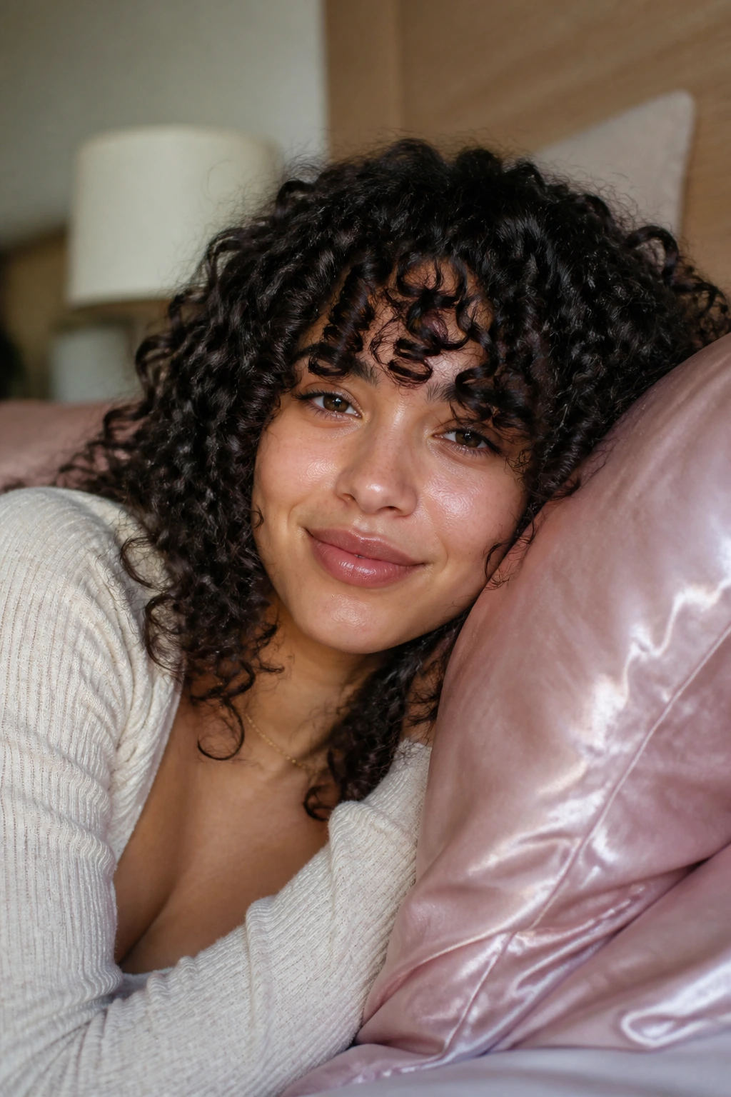 Portrait of a person with curly bangs in a bedroom setting, satin pillowcase nearby