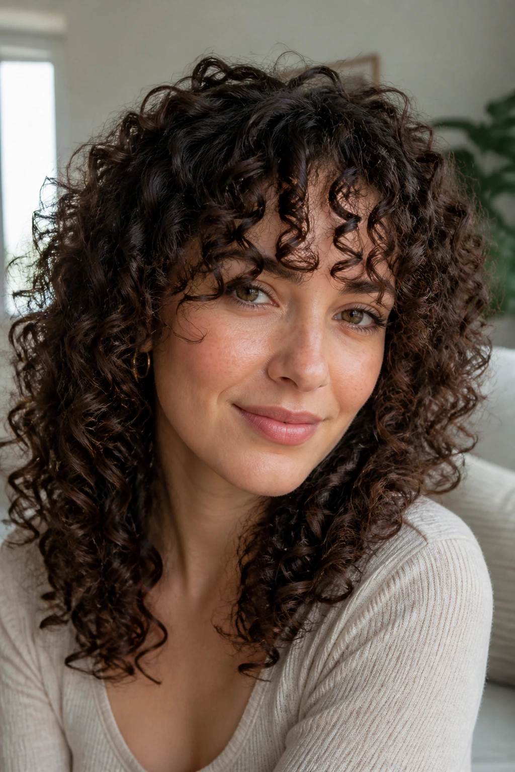 Close-up of a real woman with curly bangs following curl pattern