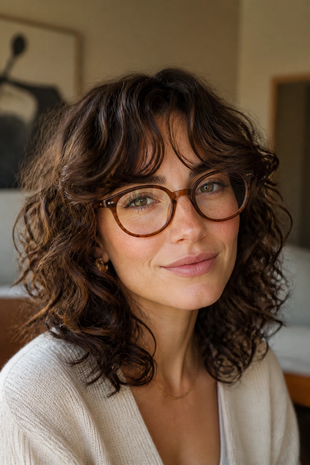 Close-up of a real woman with curly curtain bangs shaped on dry hair in warm daylight