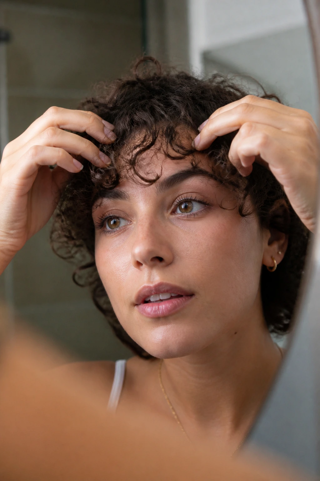 Close-up of a real person lifting curly bangs with fingers to shape