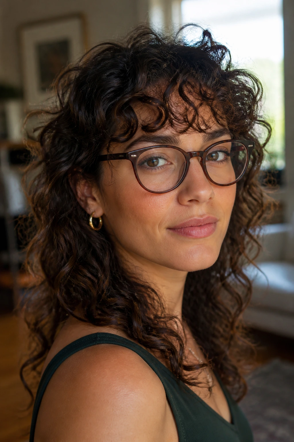 Close-up of a real woman with curly bangs arching around glasses in warm window light