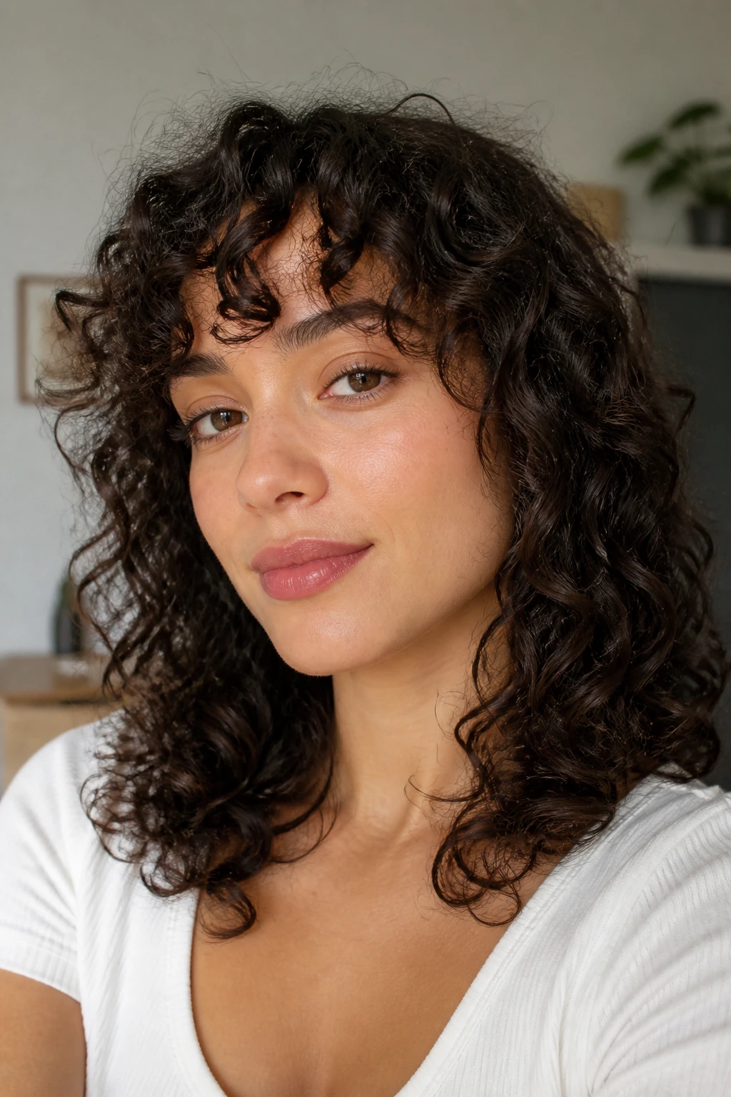 Close-up of a woman with curly bangs showing face framing and movement