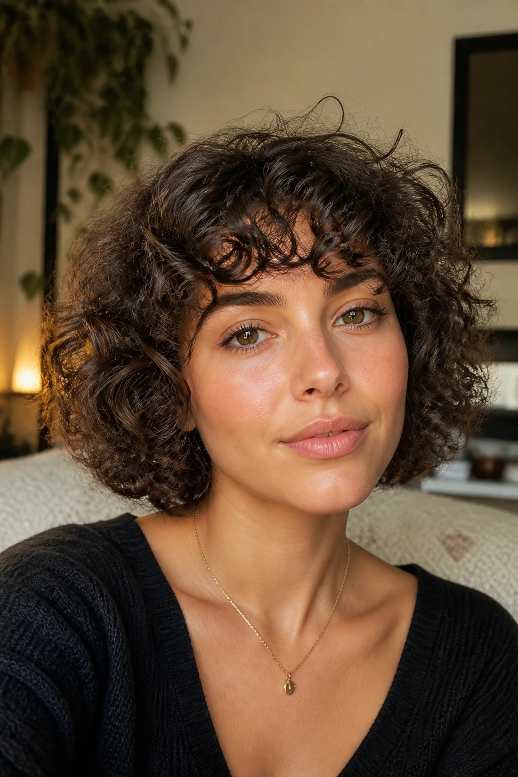 Portrait of a person with curly bangs forming a halo around the forehead.