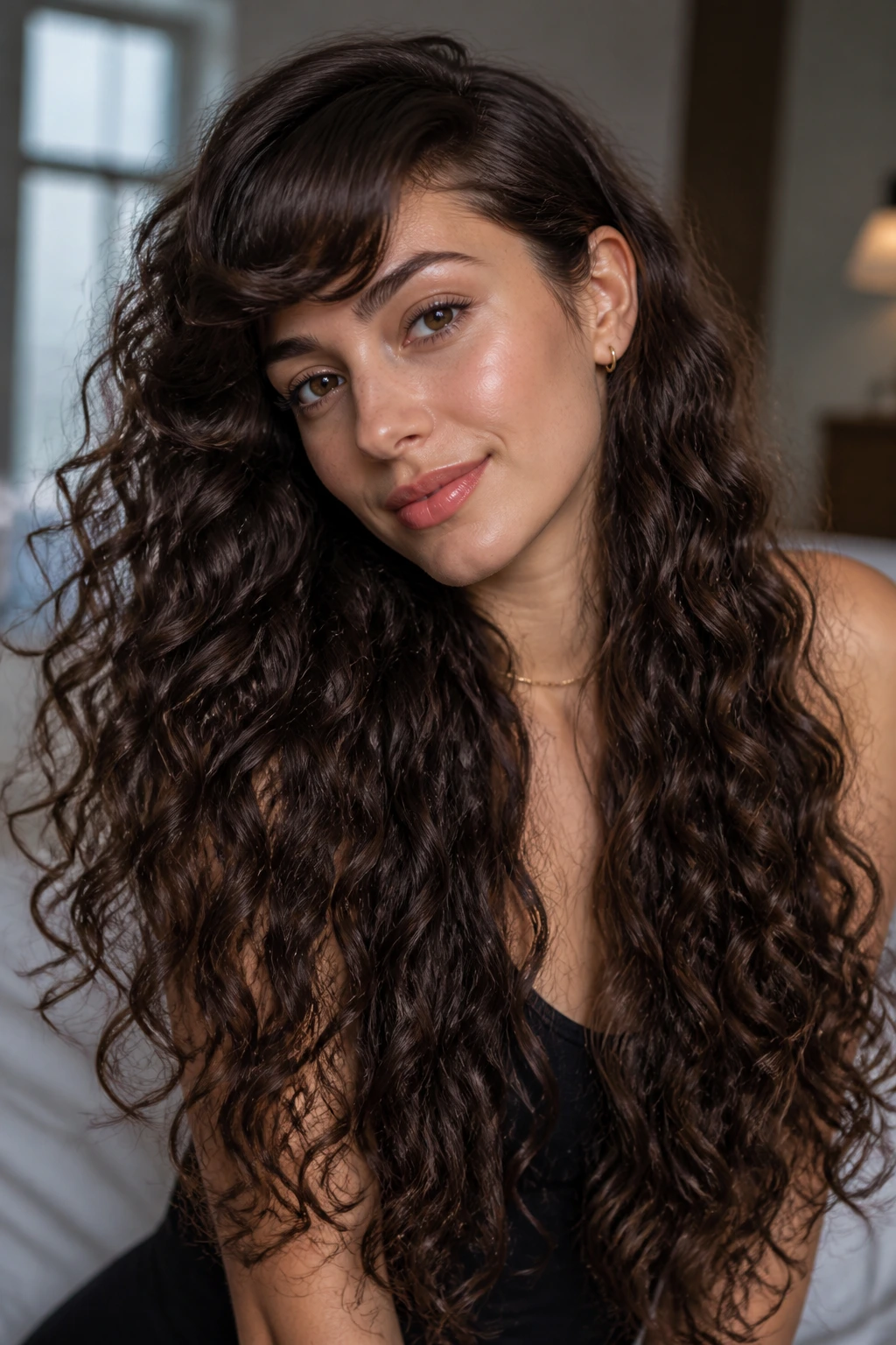 Close-up of a real person with extra-long curls and soft side-swept bangs in warm natural light
