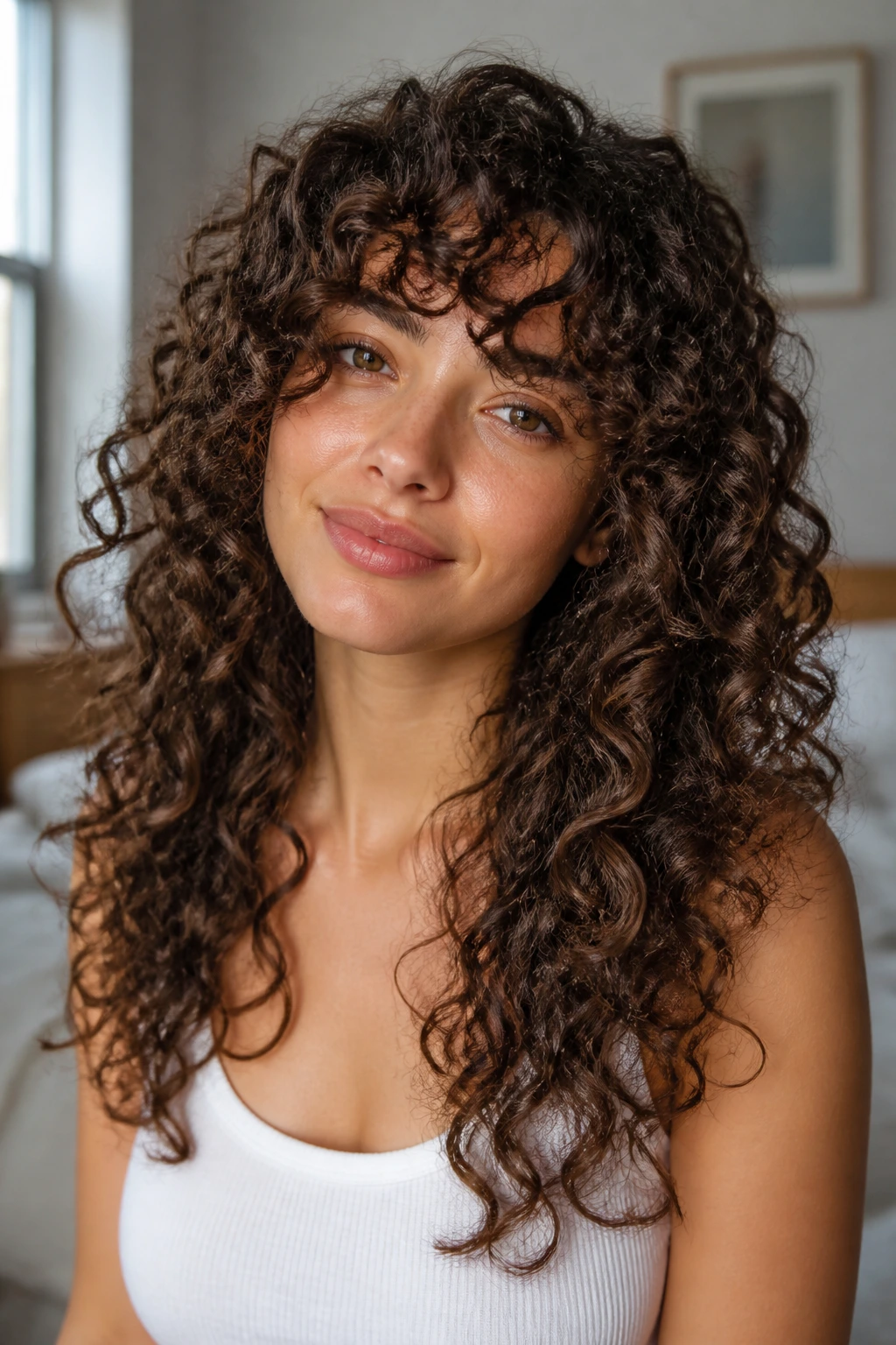 Real woman with curly bangs and long layered hair