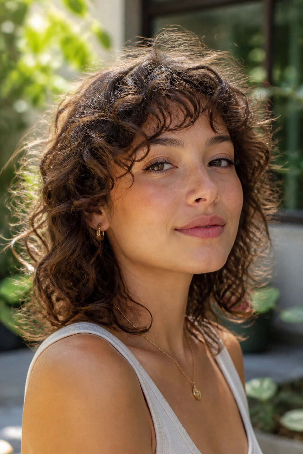 Close-up of a woman with curly bangs forming a loose arc in a sunny garden setting