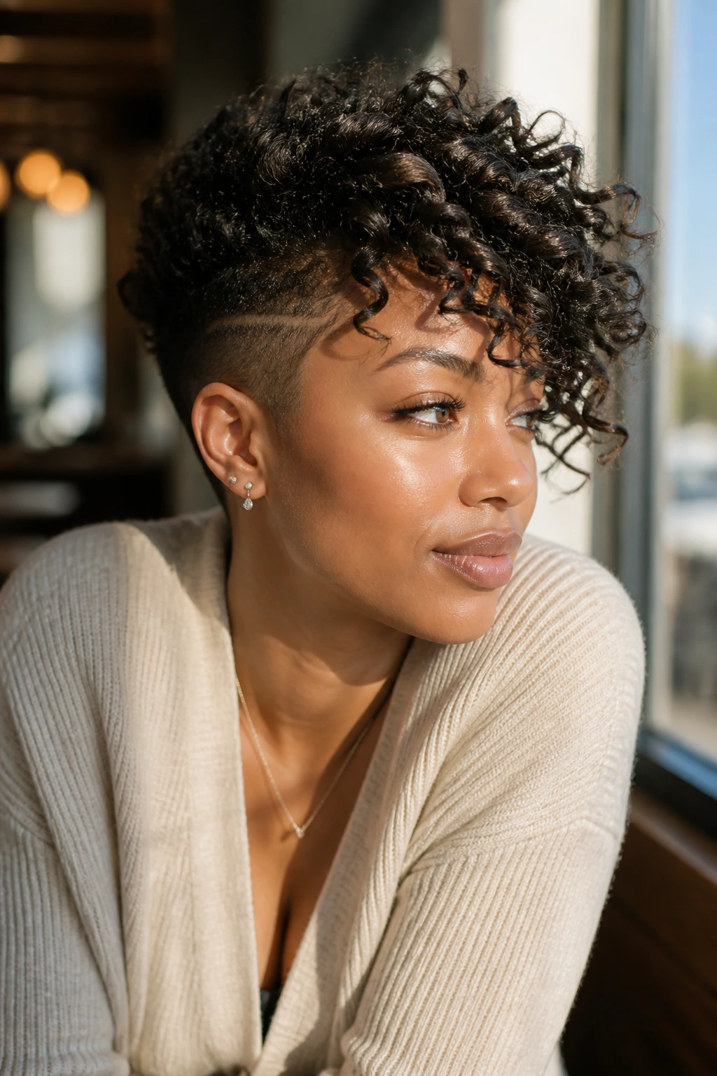 Close-up portrait of a real woman with curly bangs and a low side shave in natural light