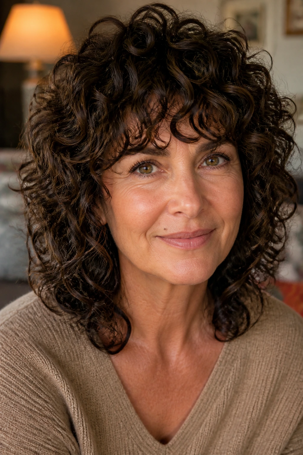 Close-up portrait of a real woman with curly bangs and mid-length layers