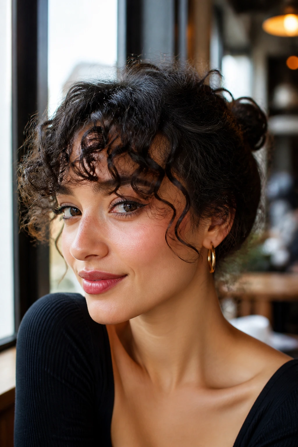 Close-up of curly bangs with a small bun on a real woman's head