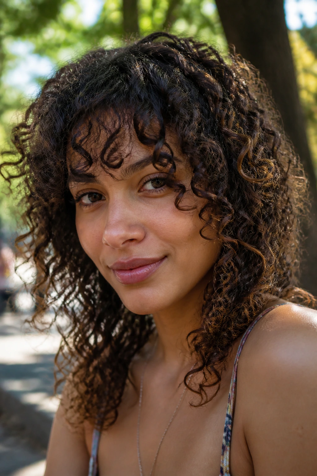 Close-up of a real woman with curly wispy bangs following their natural curl in outdoor light.