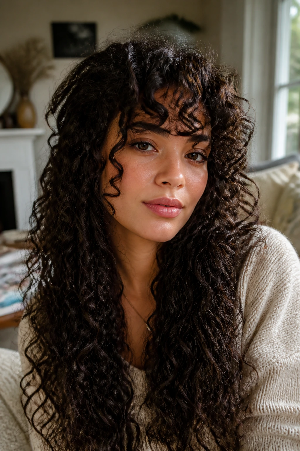 Close-up portrait of a real woman with curly bangs on long natural curls in a window-lit living room