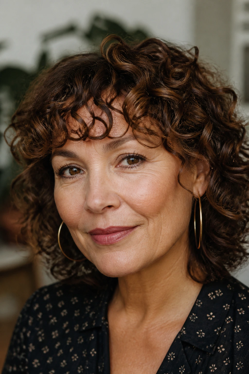 Close-up of a real woman with curly bangs following natural curl pattern.