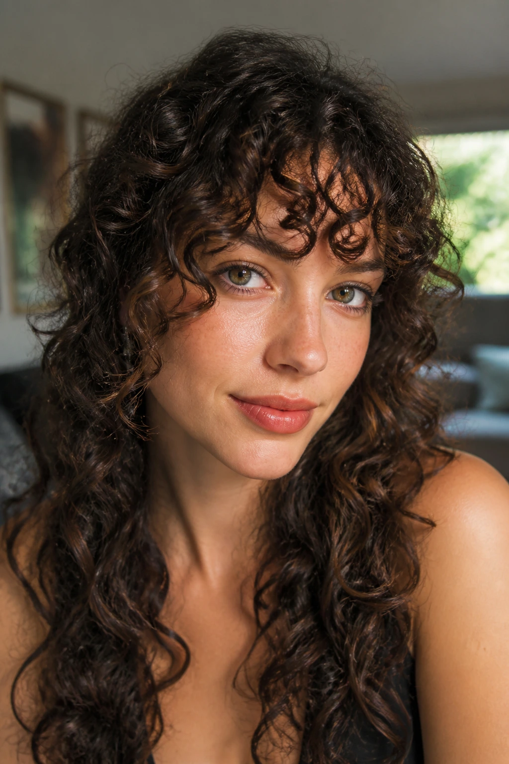 Close-up of real woman with curly bangs aligning to natural curls