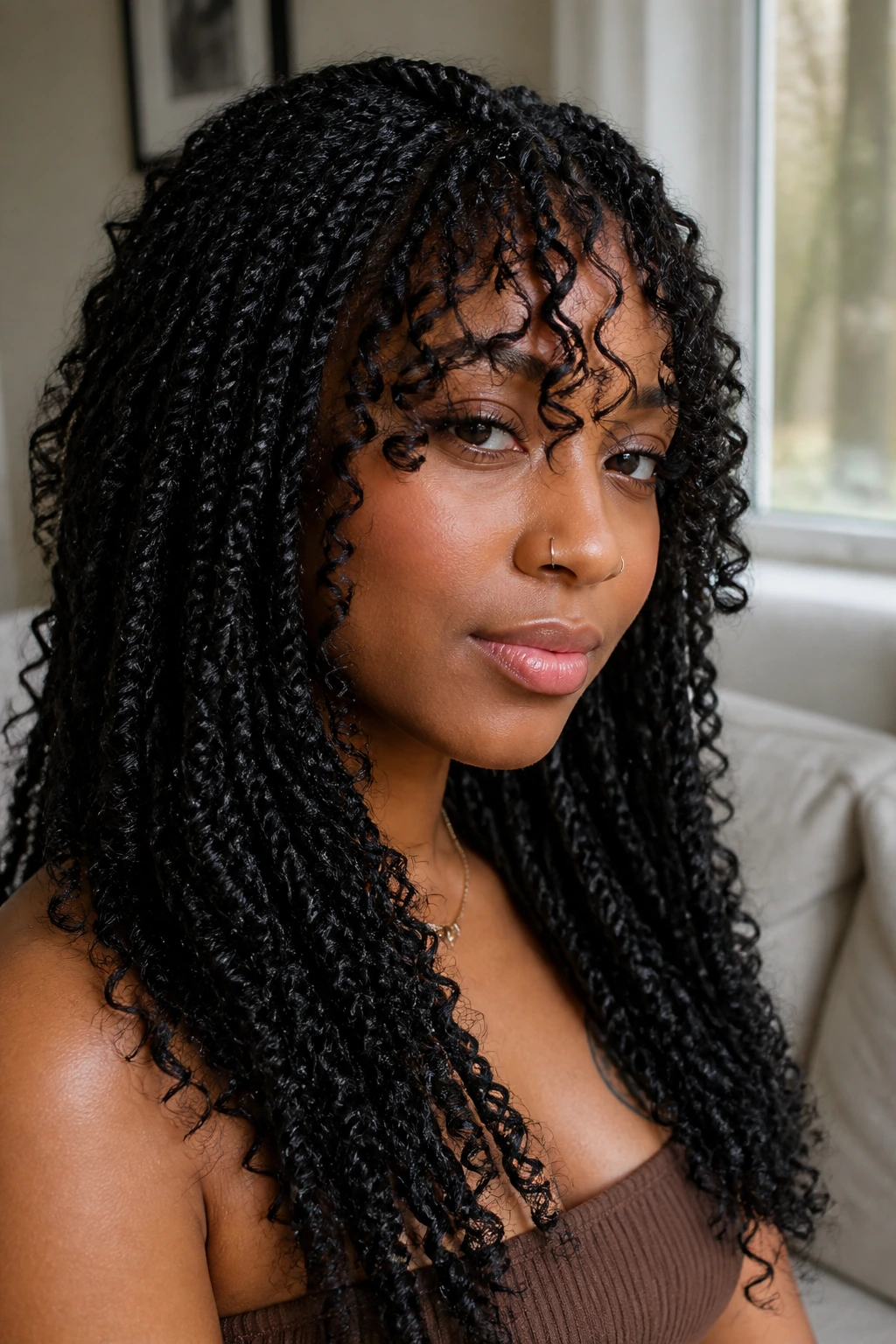 Real person with curly bangs among passion twists in soft light