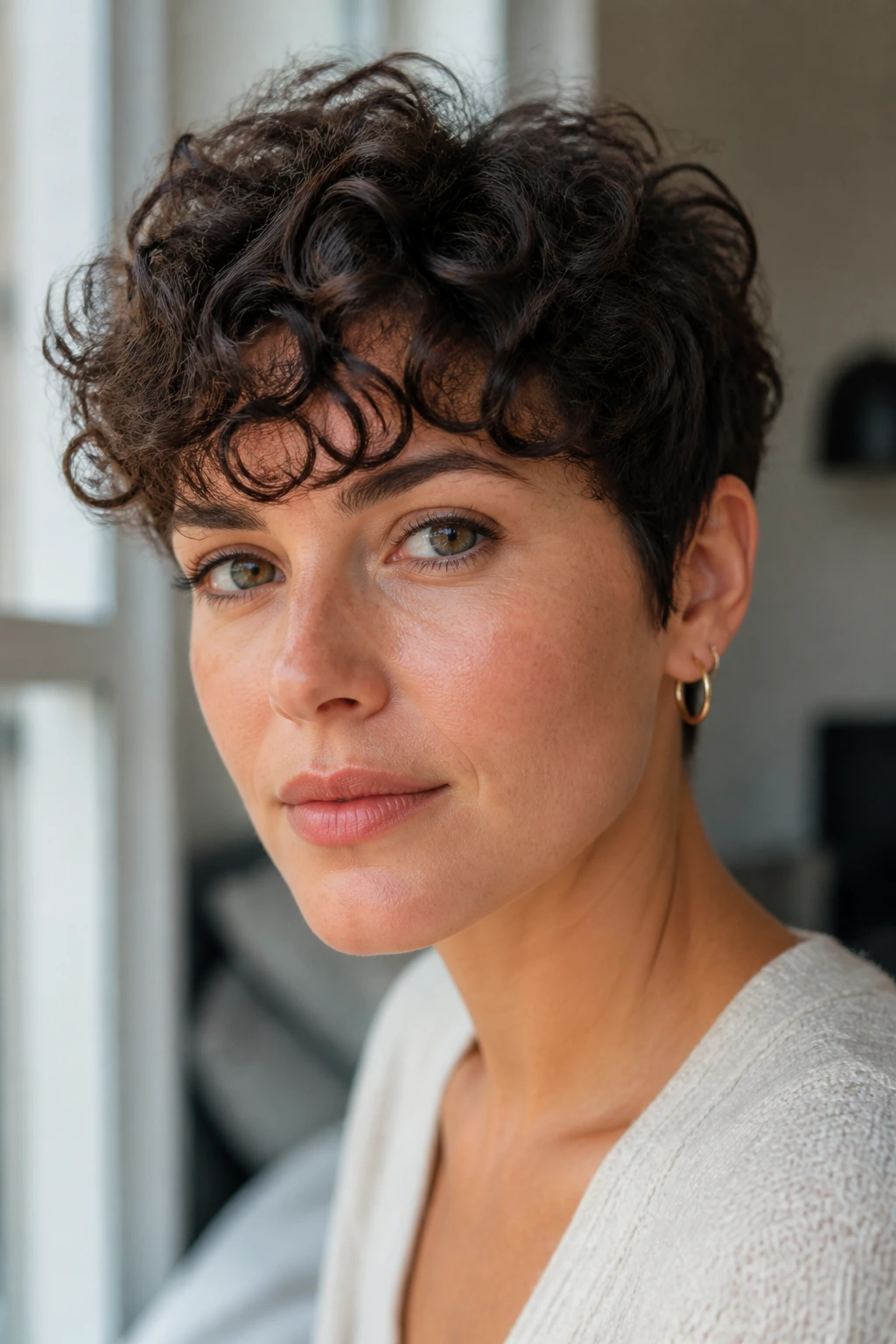 Curly bangs pixie close-up on real woman with forehead curls