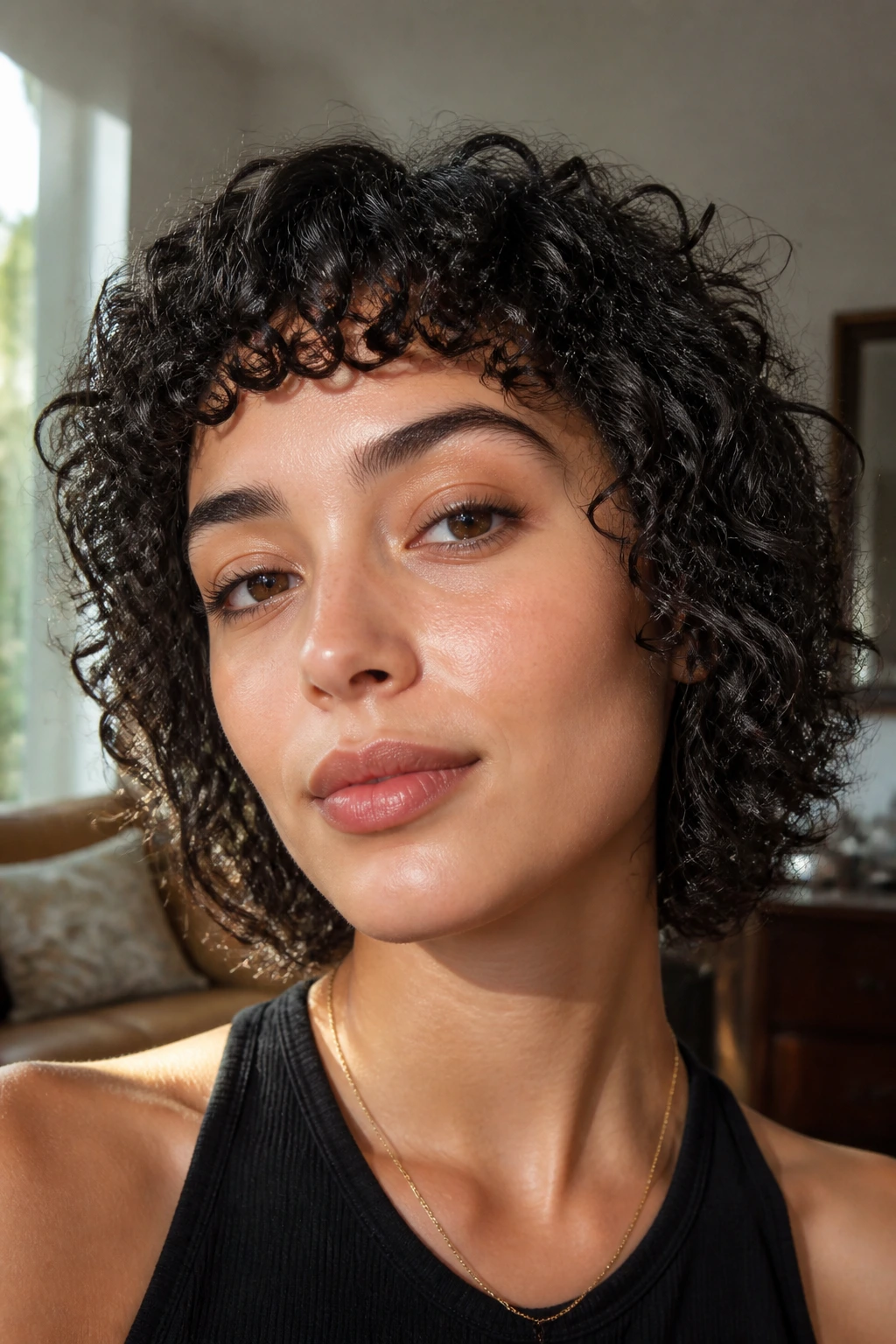 Close-up of a real woman with curly micro bangs above the brow in warm window light
