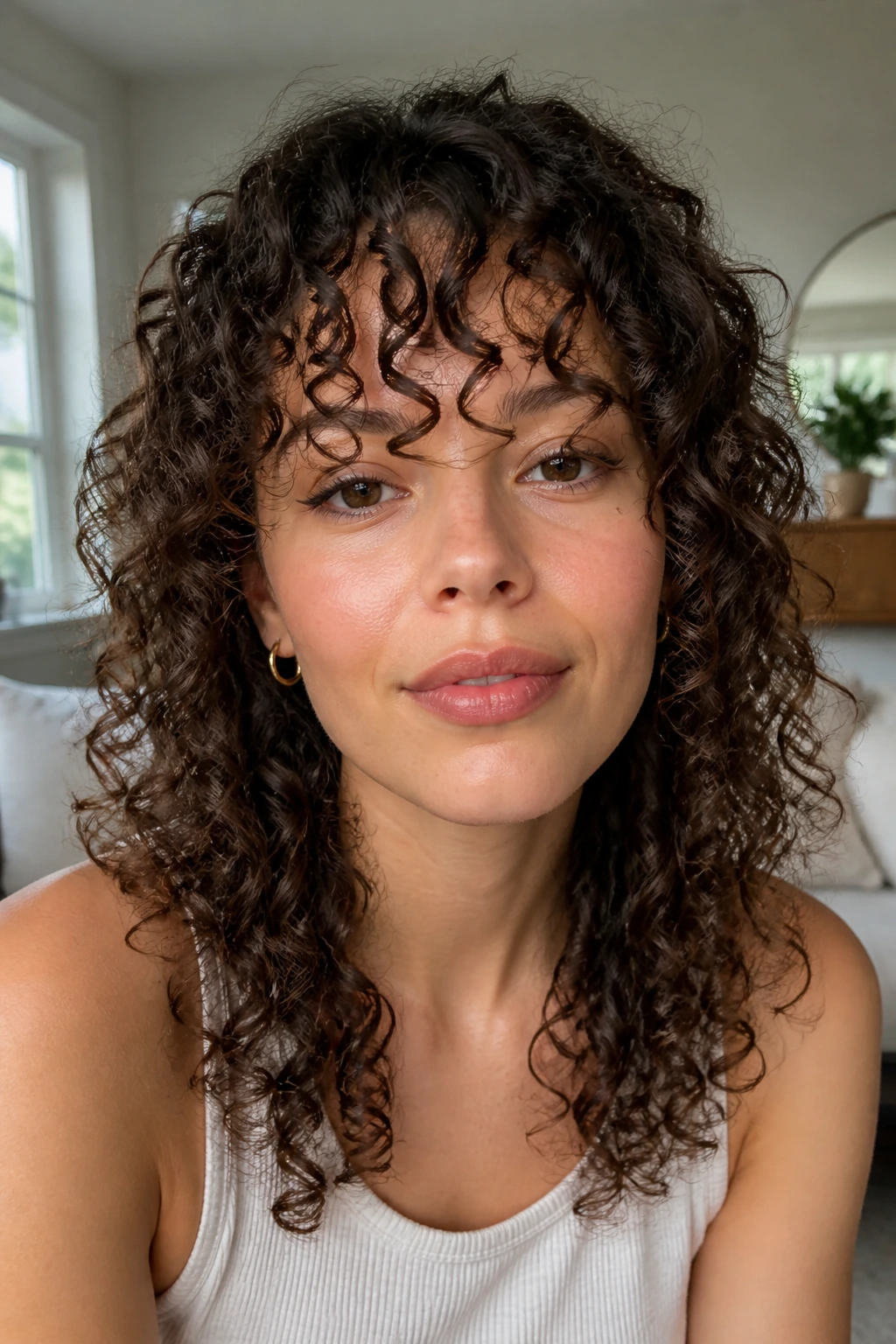 Close-up of a real woman with curly bangs and visible curl pattern