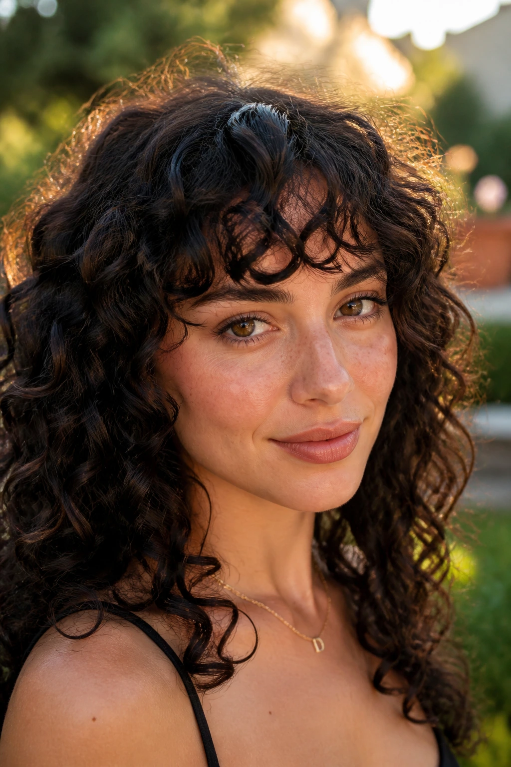 Close-up portrait of a real woman with curly bangs framing her forehead in golden hour light