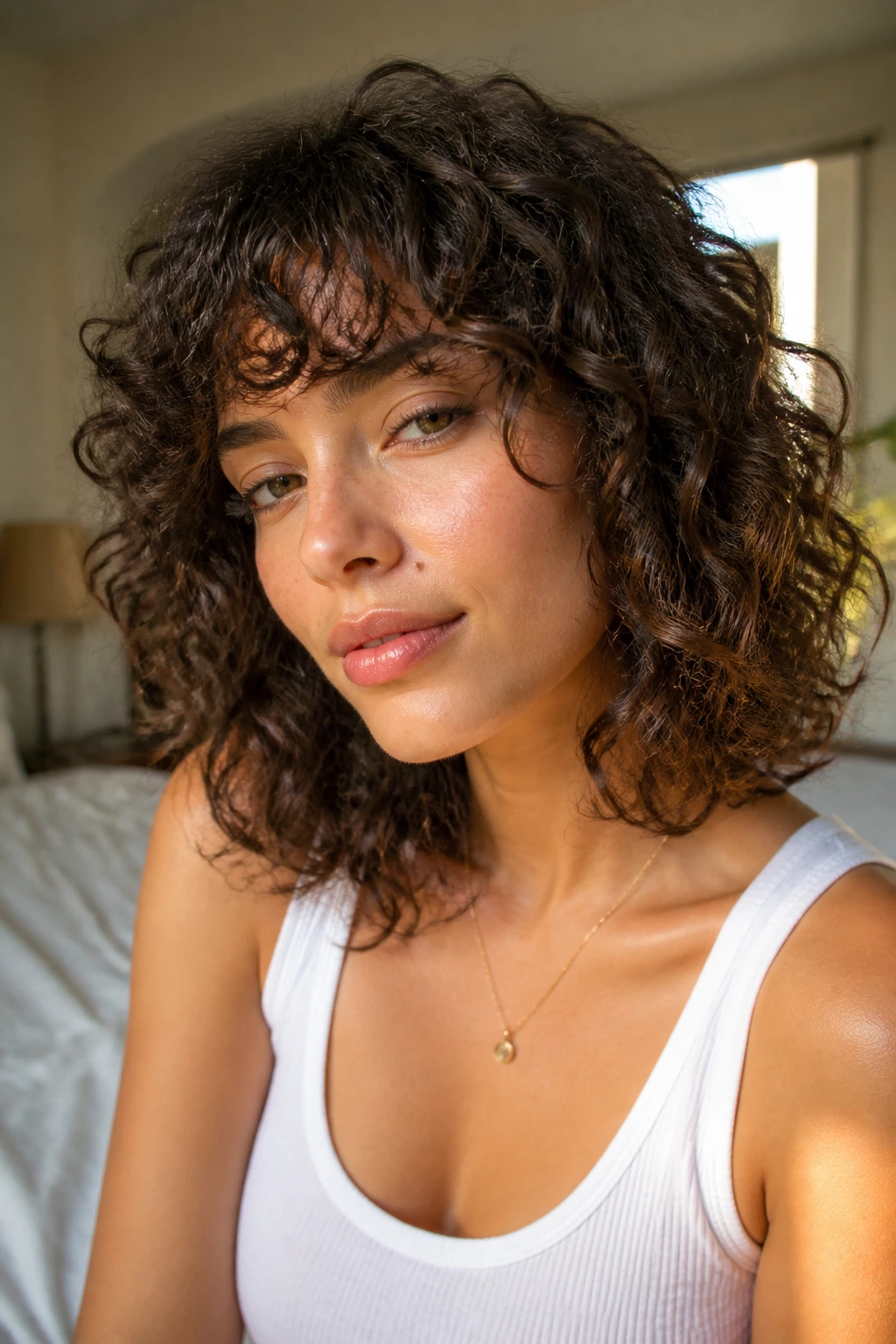 Close-up portrait of a woman with curly bangs in a cozy bedroom with window light