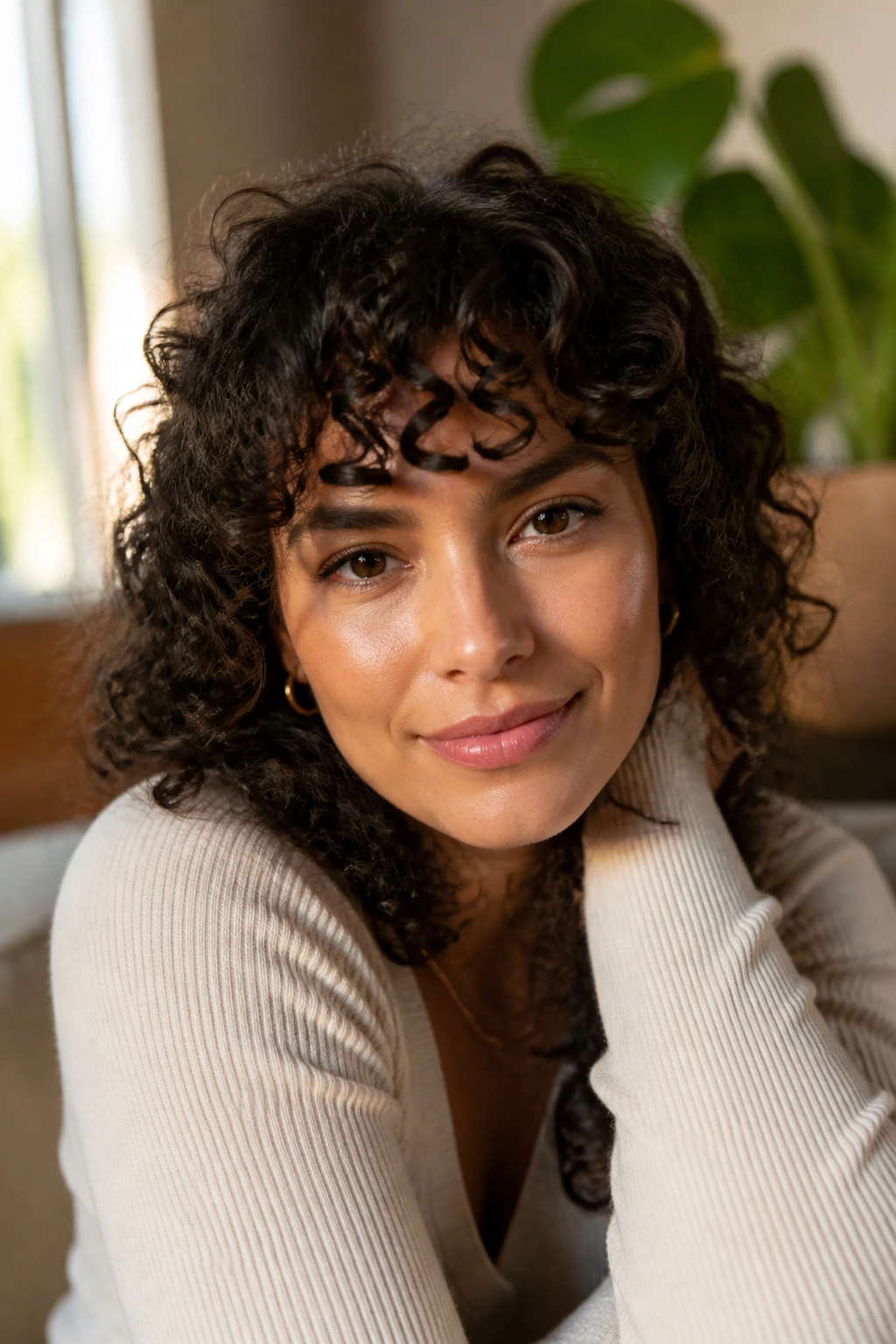 Close-up of a real woman with curly bangs above the brow in a cozy setting