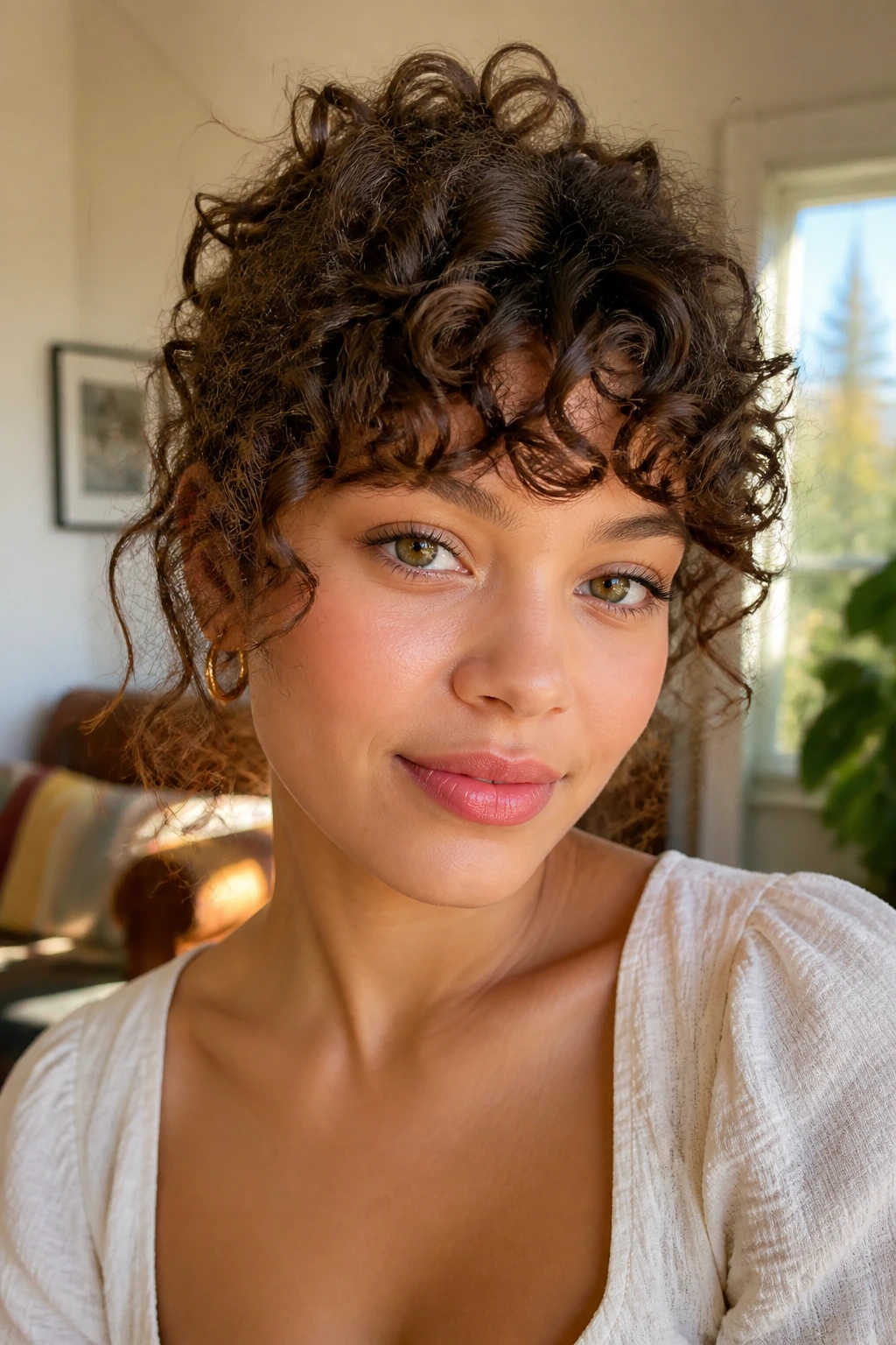Real woman with curly bangs showing natural curl texture above the brow.