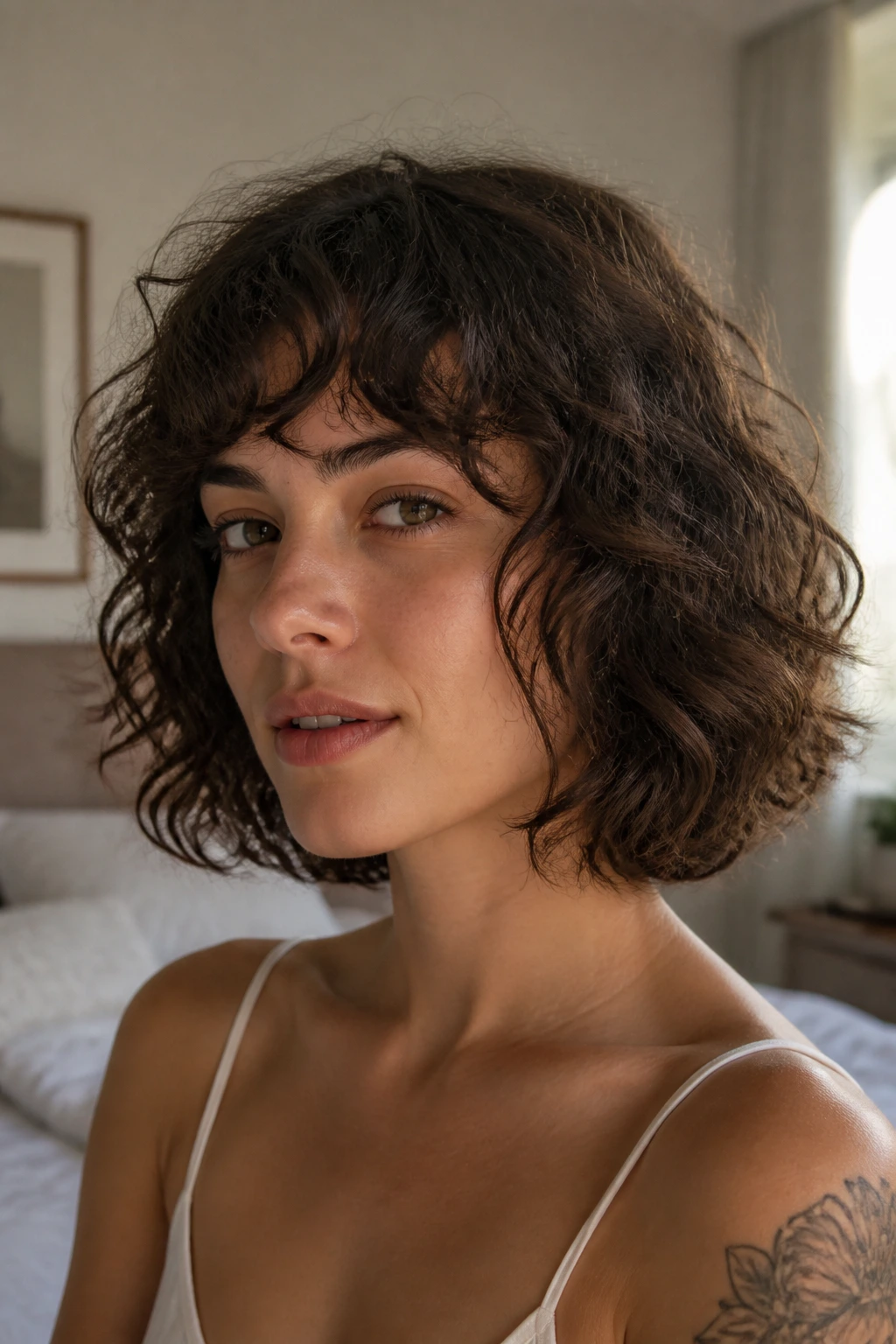 Close-up of a real woman with curly-first bangs on thick hair in warm window light.