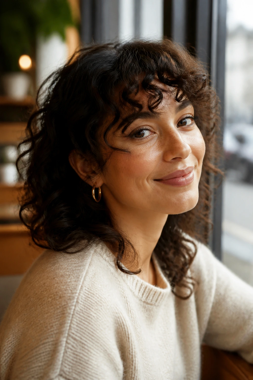 Real-life portrait of a woman with curly bangs at a cafe window