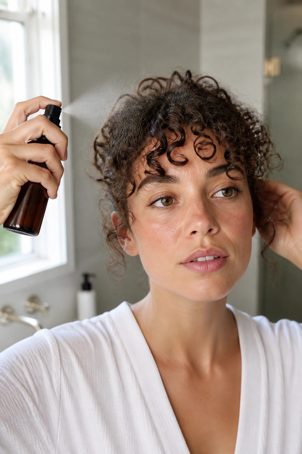 Close-up of a real woman with curly bangs being refreshed in a bathroom light.