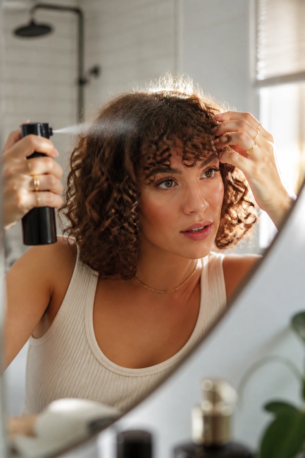 Close-up of curly bangs being reset with spray bottle in a bathroom setting