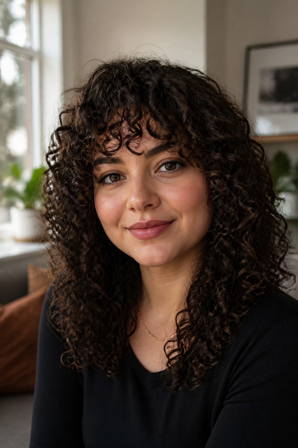 Real woman portrait with curly bangs framing a round face, demonstrating wearable curly haircuts