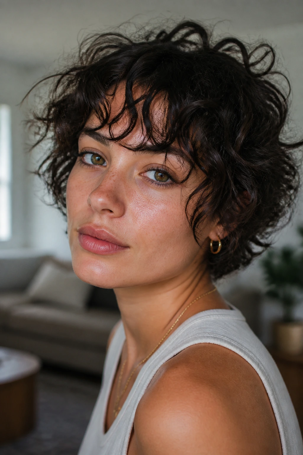 Close-up portrait of a real person with curly piecey bangs on short curls in natural light