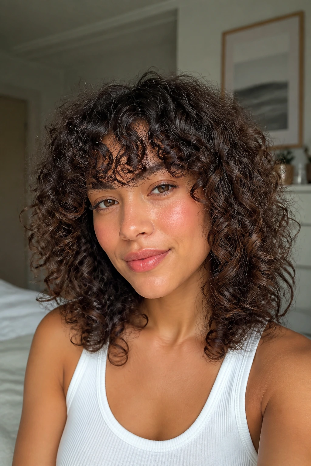 Close-up of a real woman with curly bangs and shoulder-length layers.