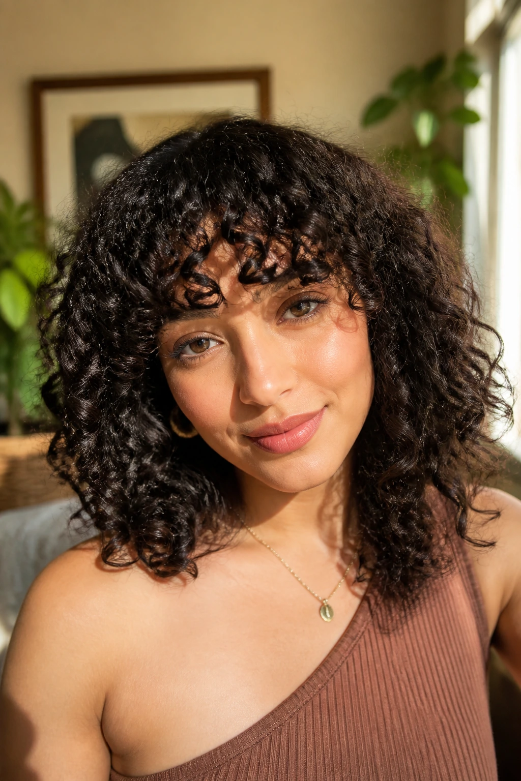 Close-up of a real woman with curly bangs respecting shrinkage and natural curl pattern