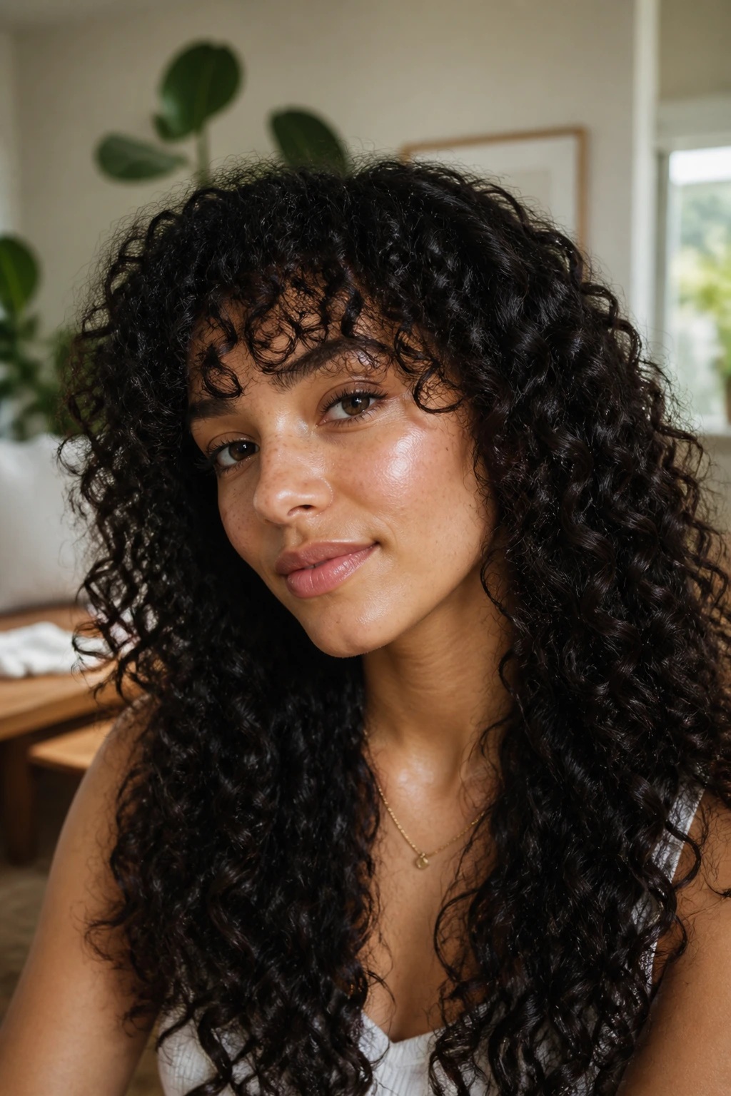 Close-up of a real person with curly bangs around the brow