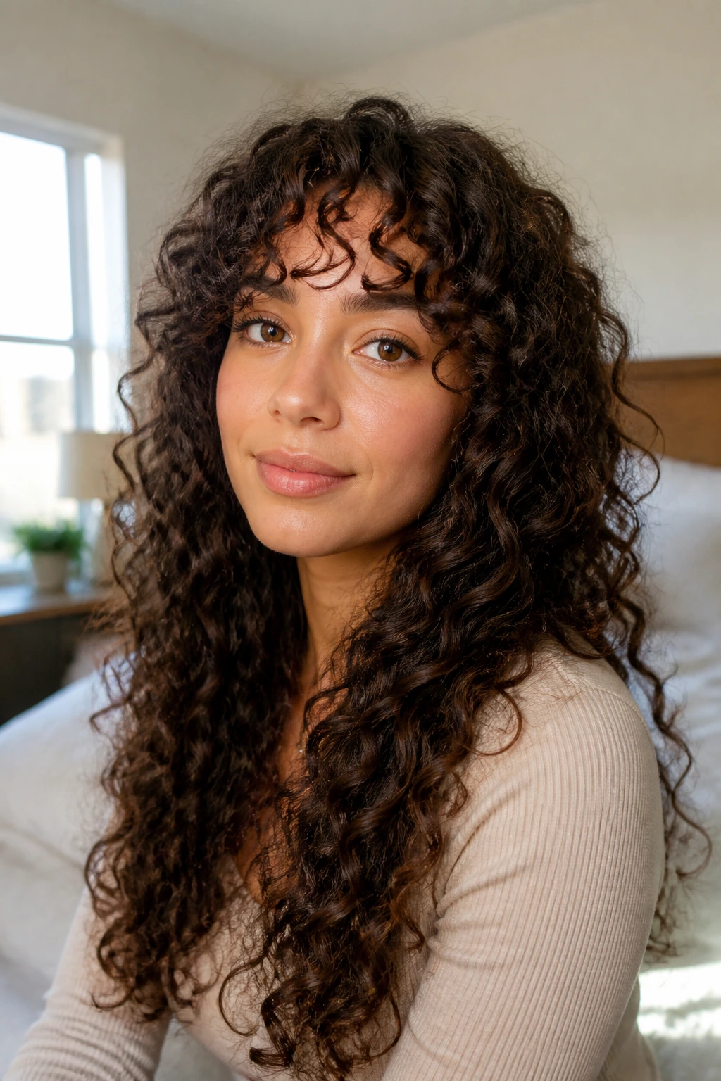 Close-up portrait of a real woman with curly curtain bangs demonstrating shrinkage-aware fringe
