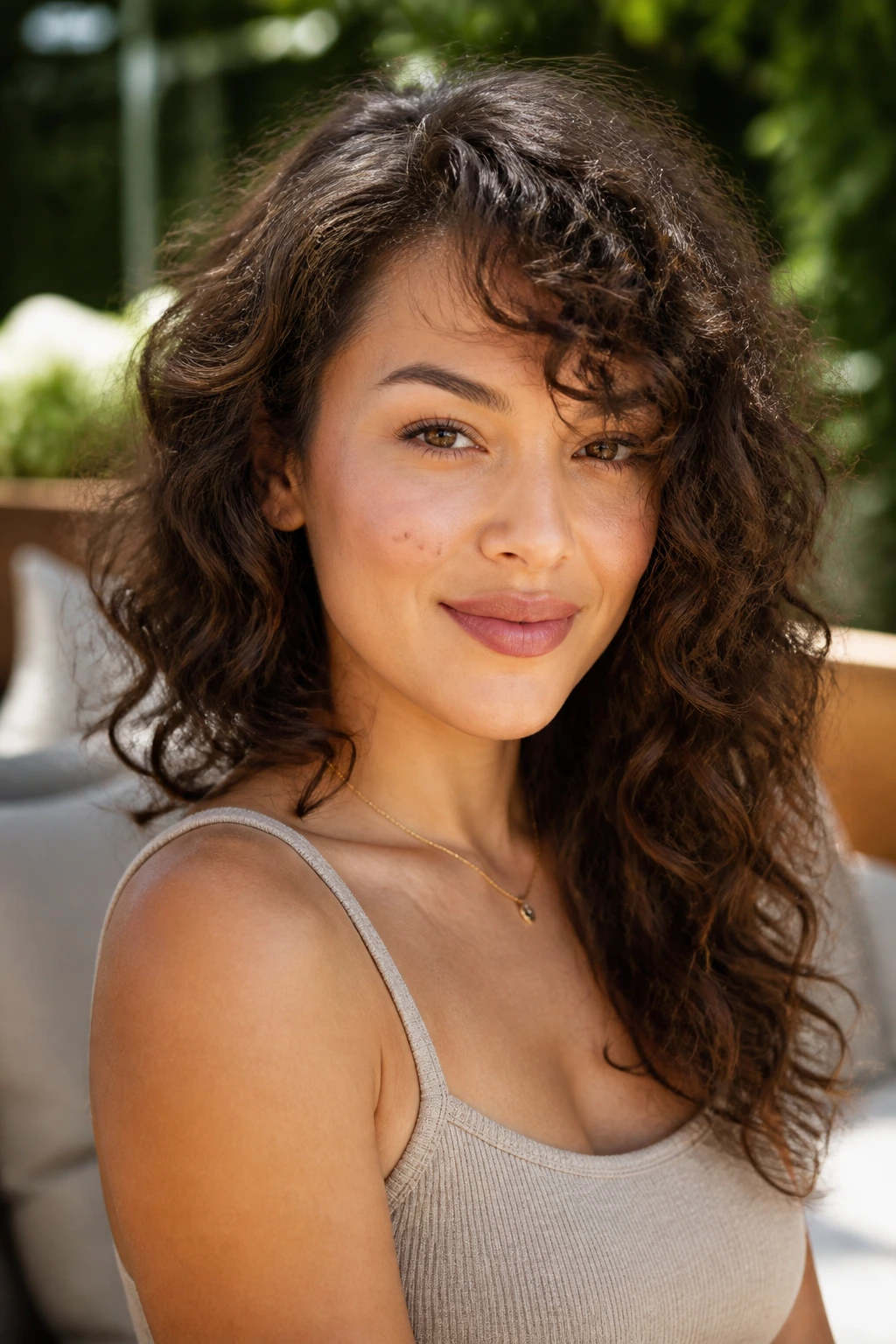 Close-up of a real woman with bouncy curl-set side bangs framing the face
