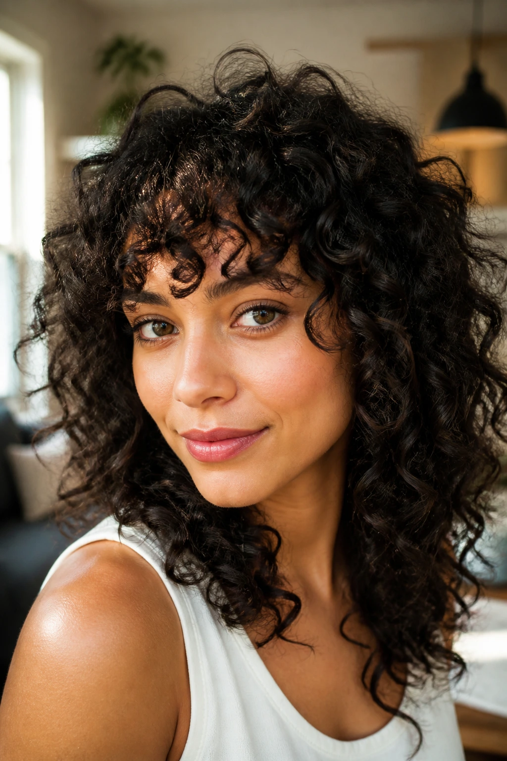 Close-up portrait of a real woman with curly bangs and springy ringlets