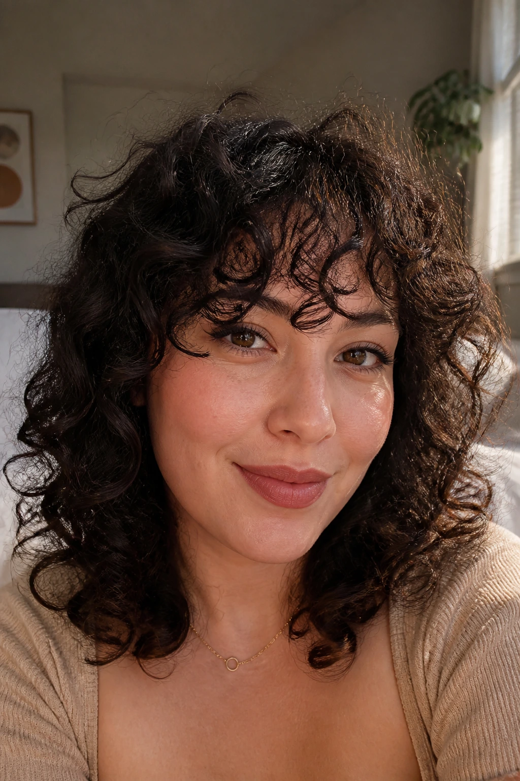 Close-up portrait of a real woman with curly bangs in a cozy bedroom, showing fringe variation