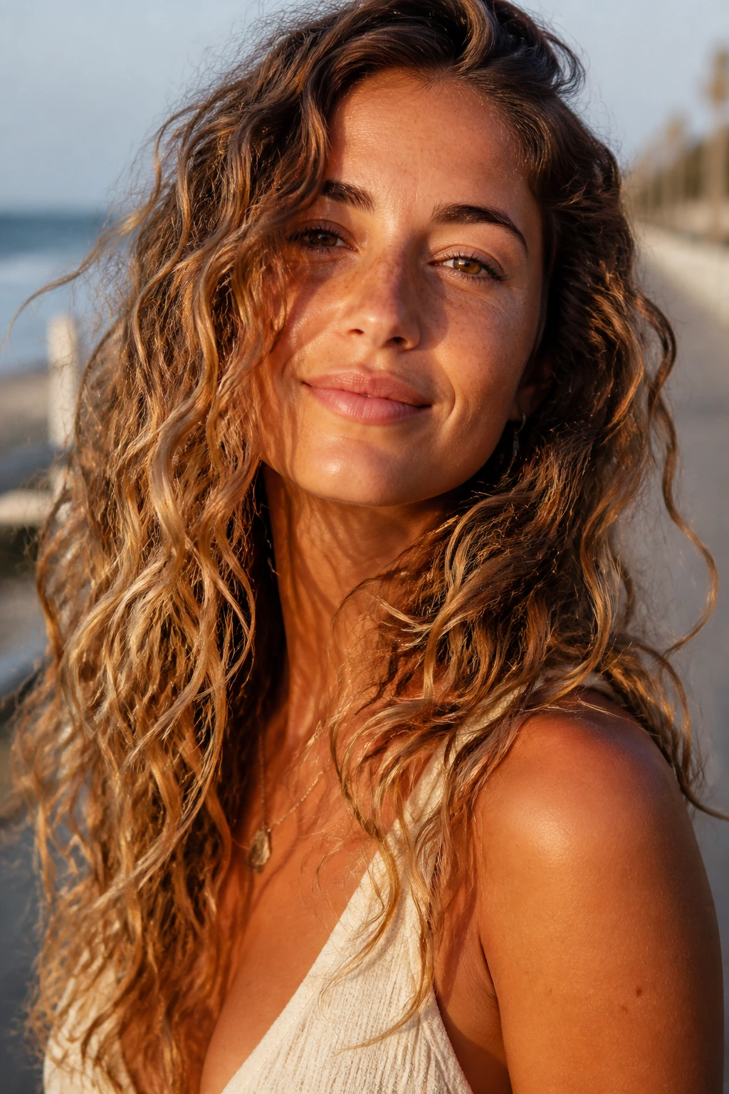 Close-up portrait of a person with curly beach waves, showcasing texture and shape