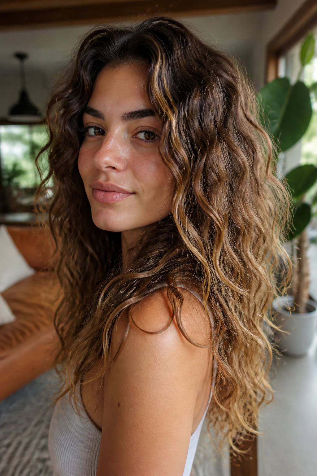 Real person with curly hair styled into loose beach waves showing curl texture.