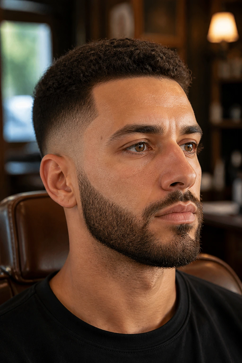 Close-up of man with curly short beard (4-8 mm) in warm barbershop lighting