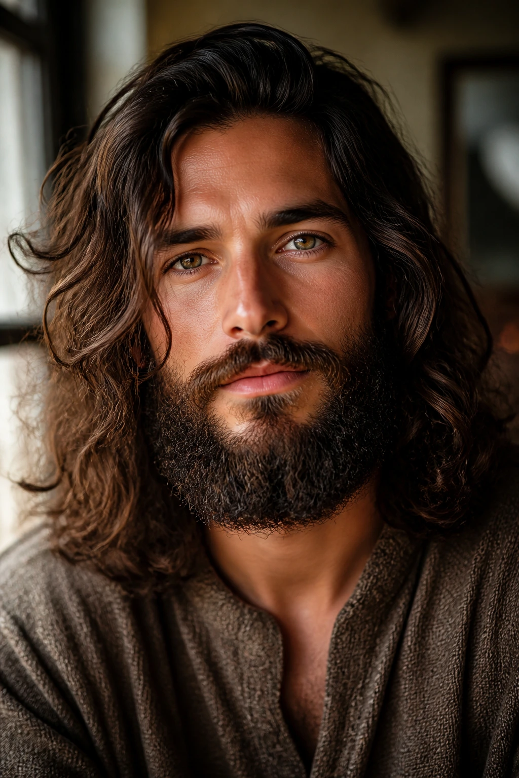 Close-up portrait of a man with a curly beard within a defined outline, warm indoor light.