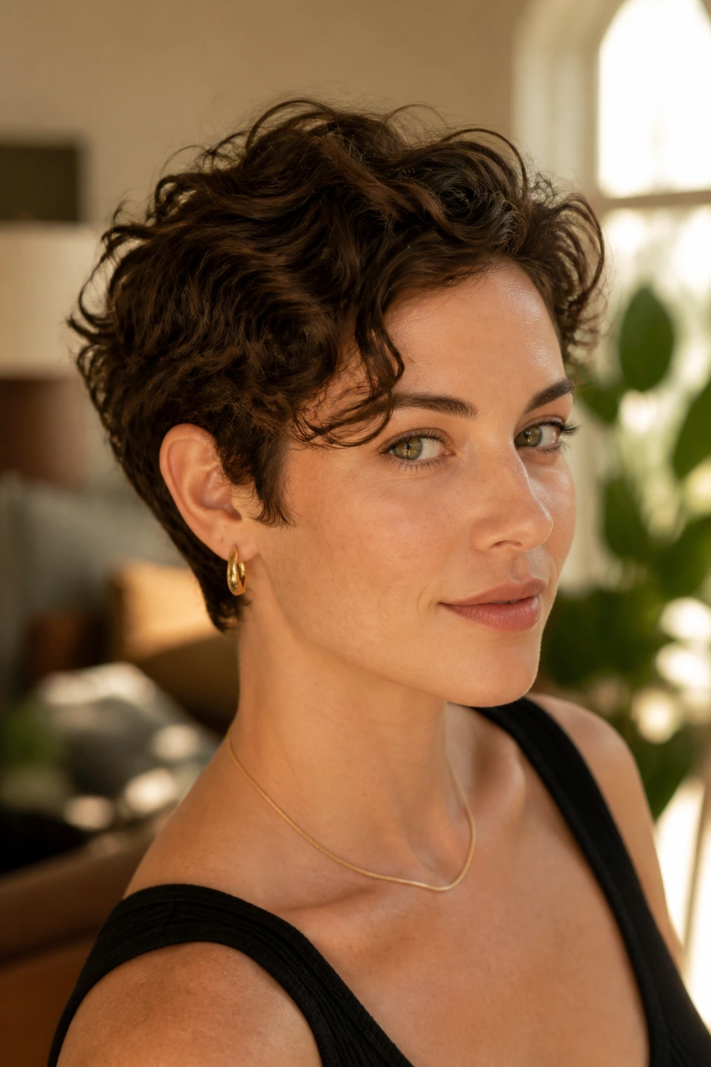 Close-up portrait of Curly Bixie Hybrid hairstyle on a real woman in a sunlit living room
