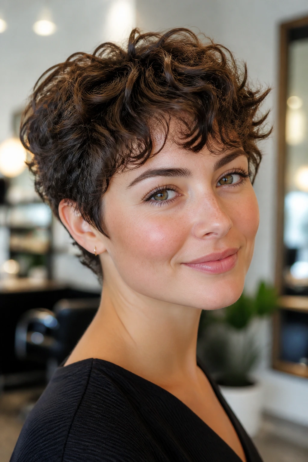 Close-up of a real woman with a curly bixie hairstyle and longer top layer on a diamond face